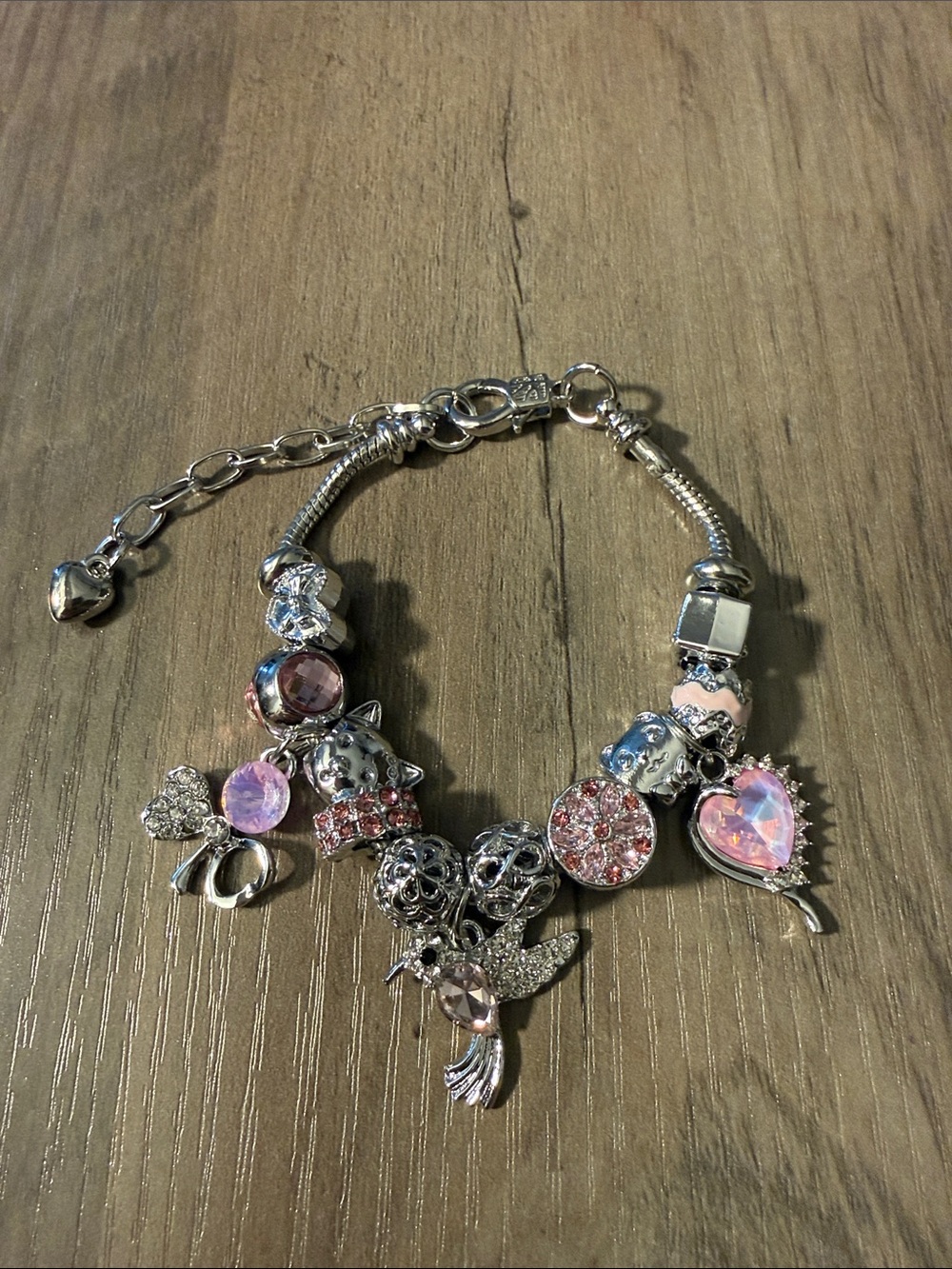 Silver Charm Bracelet with Pink and Iridescent Accents